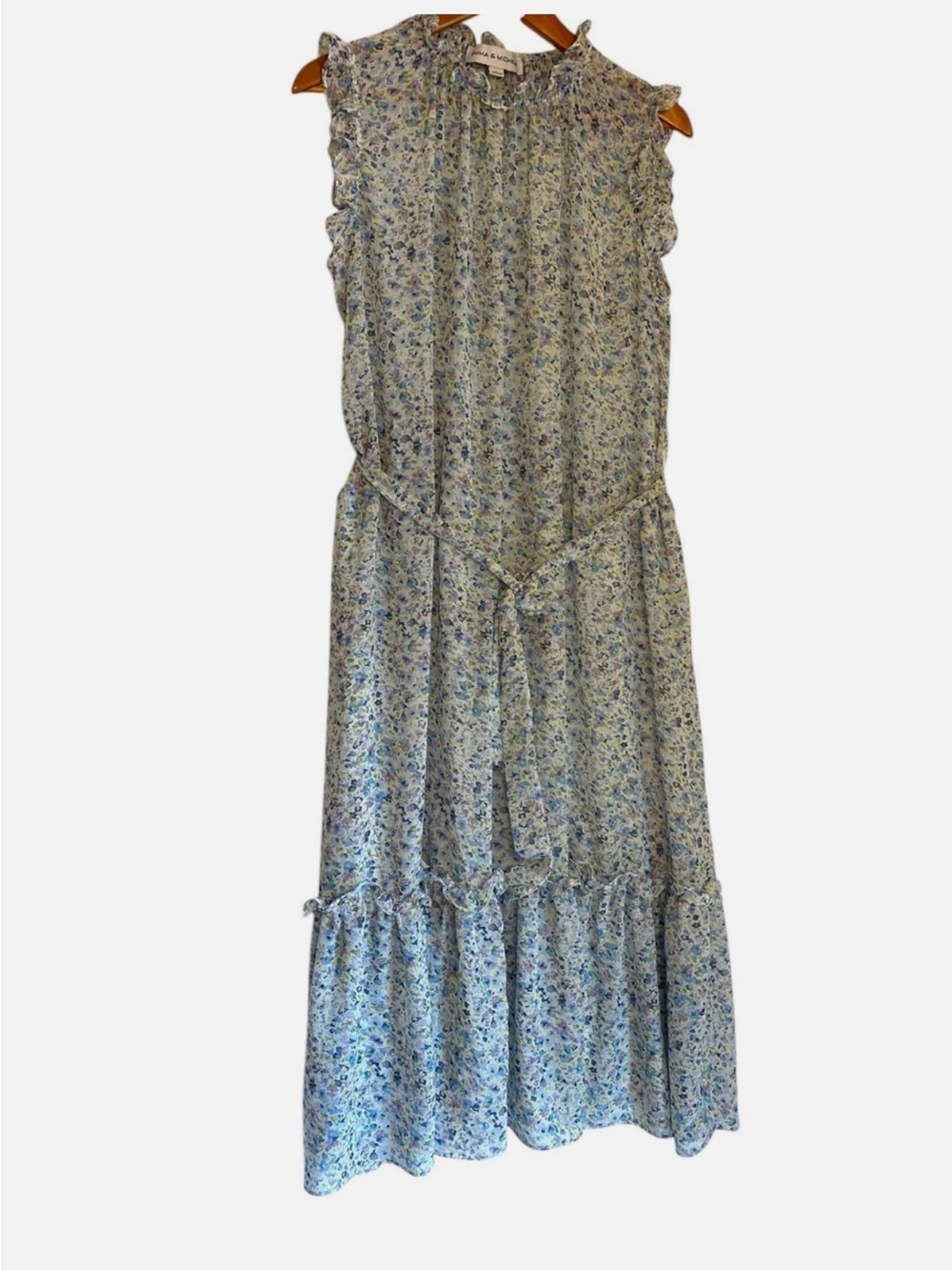 Emma & Michele Lavender & Blue Floral Ruffle Neck, Tie-Waist Maxi Style Dress Lg